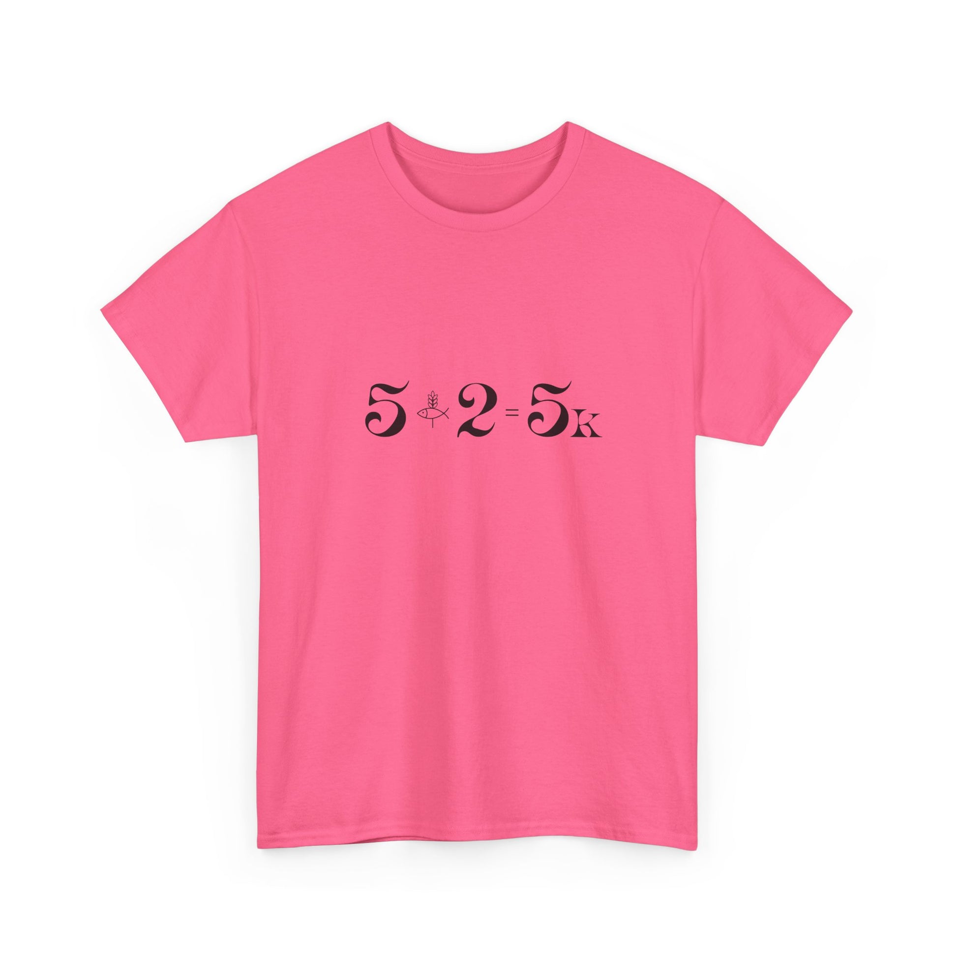 Minimalist Coral Silk miracle t-shirt with 5.2.5k design, 5 loaves and 2 fish biblical illustration, modern faith apparel.