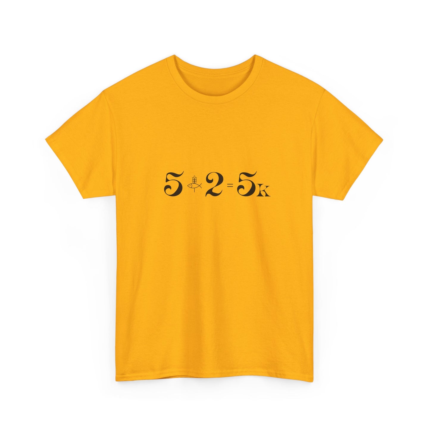 Minimalist Gold Christian t-shirt with 5.2.5k miracle design, 5 loaves and 2 fish graphic