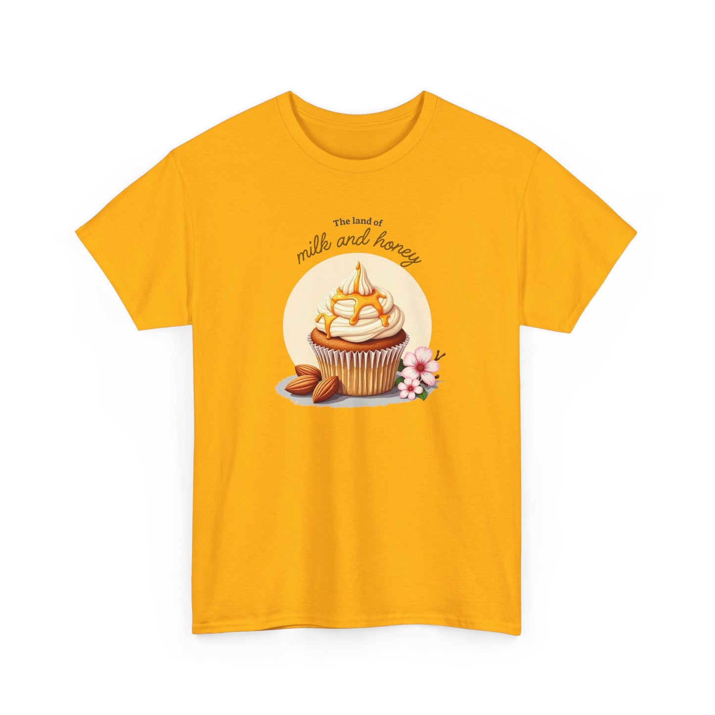 Minimalist Gold Christian t-shirt with Milk and Honey Cupcake design, Land of Milk and Honey graphic tee.