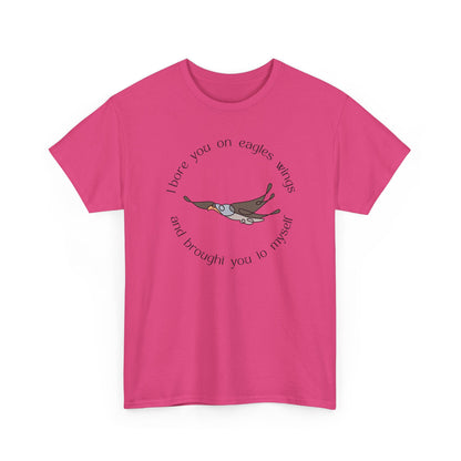 Minimalist Heliconia pink Christian t-shirt with Eagle Wings design, Exodus 19:4 redemption graphic tee.