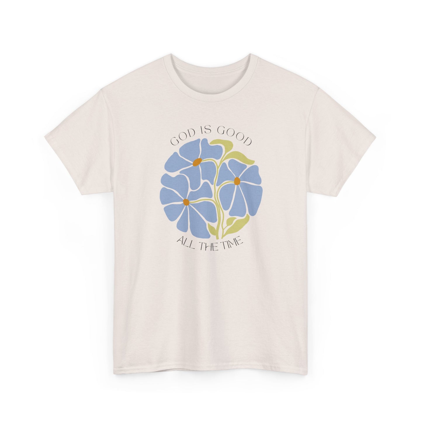 Minimalist Ice Grey t-shirt with blue floral design, God is good all the time graphic tee.