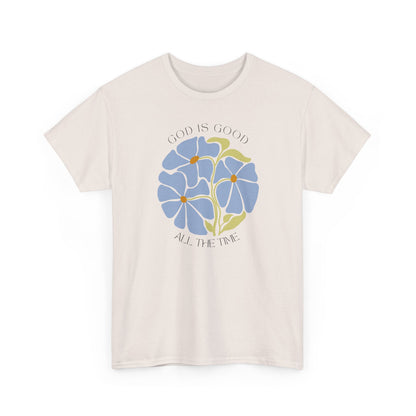 Minimalist Ice Grey t-shirt with blue floral design, God is good all the time graphic tee.