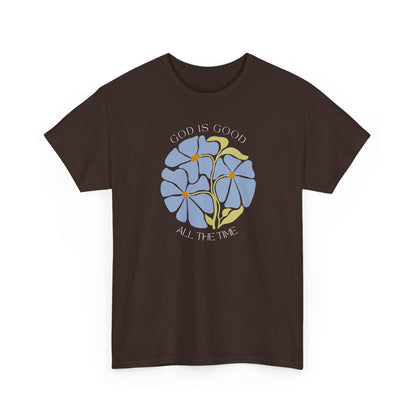 Minimalist Russet brown t-shirt, God is good all the time blue floral design.