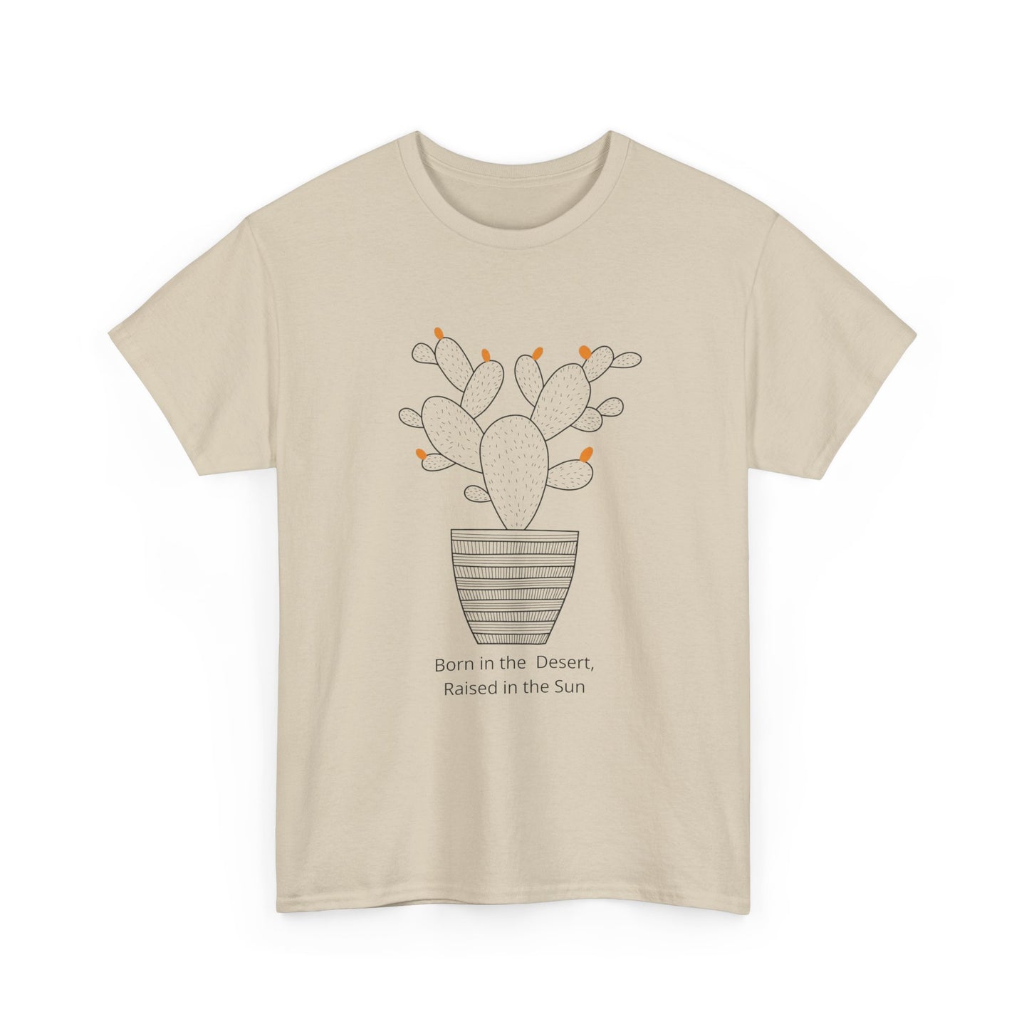 Minimalist Sand Christian T-shirt featuring Cactus Pot art, Born in the Desert scripture tee.