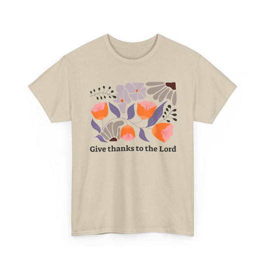 Minimalist Sand Christian T-shirt featuring Gratitude Floral art, Give Thanks to the Lord scripture tee.