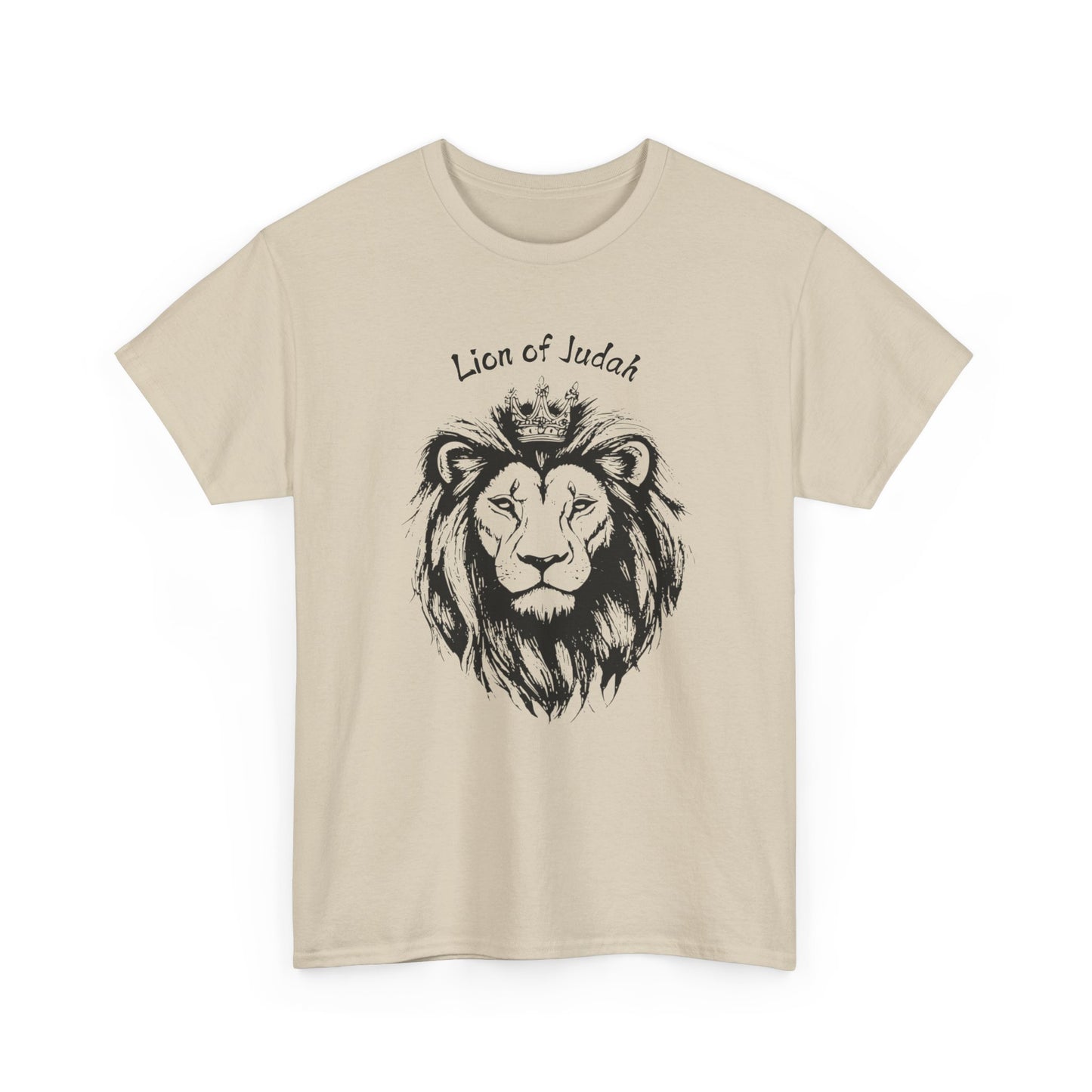 Minimalist Sand Christian T-shirt featuring Lion of Judah line art, faith-based apparel from Israel.