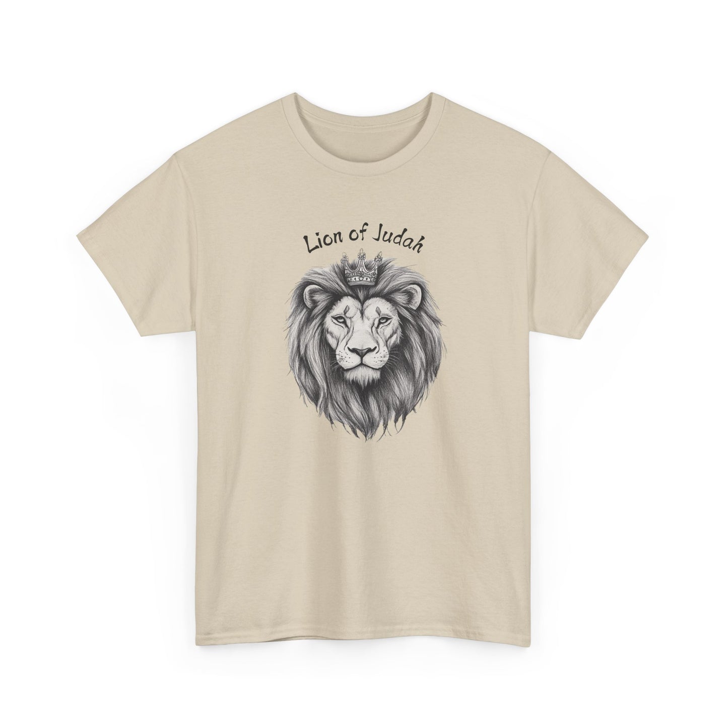 Minimalist Sand Christian T-shirt with Lion of Judah graphic, biblical faith apparel.