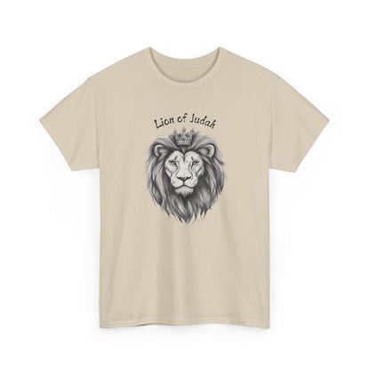 Minimalist Sand Christian T-shirt with Lion of Judah graphic, biblical faith apparel.