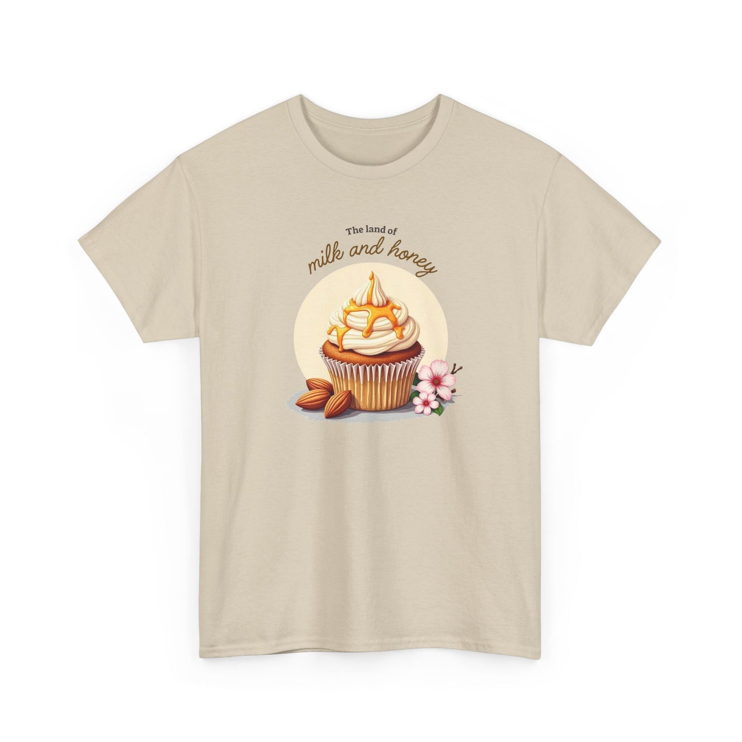 Minimalist Sand t-shirt featuring Milk and Honey Cupcake art, modern scripture-inspired clothing from Israel.