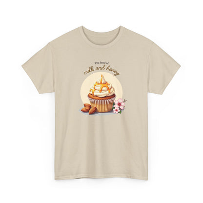 Minimalist Sand t-shirt featuring Milk and Honey Cupcake art, modern scripture-inspired clothing from Israel.
