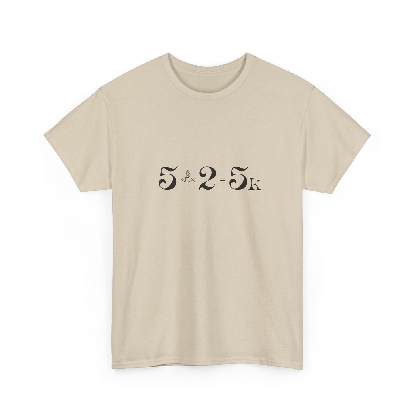 Minimalist Sand t-shirt with 5.2.5k miracle design, feeding the 5000 graphic tee from Israel.