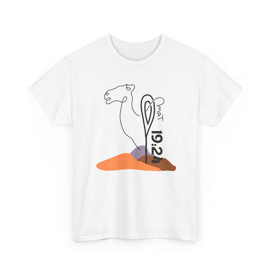 Minimalist White Christian t-shirt, The Camel and the Needle biblical line art, clean faith-based graphic tee.