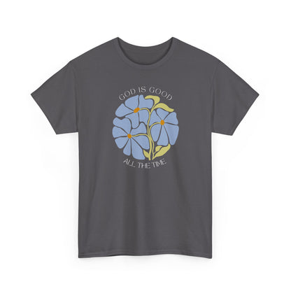 Modern Charcoal grey God is good tee, minimalist blue floral design by Nagilabo.