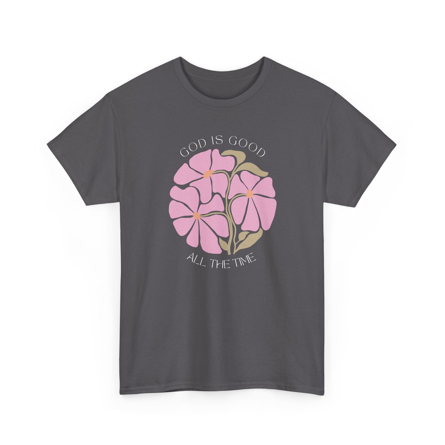 Modern Charcoal grey God is good tee, minimalist pink floral design, inspirational gift.