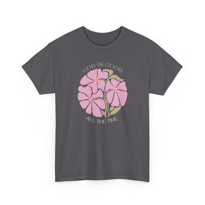 Modern Charcoal grey God is good tee, minimalist pink floral design, inspirational gift.