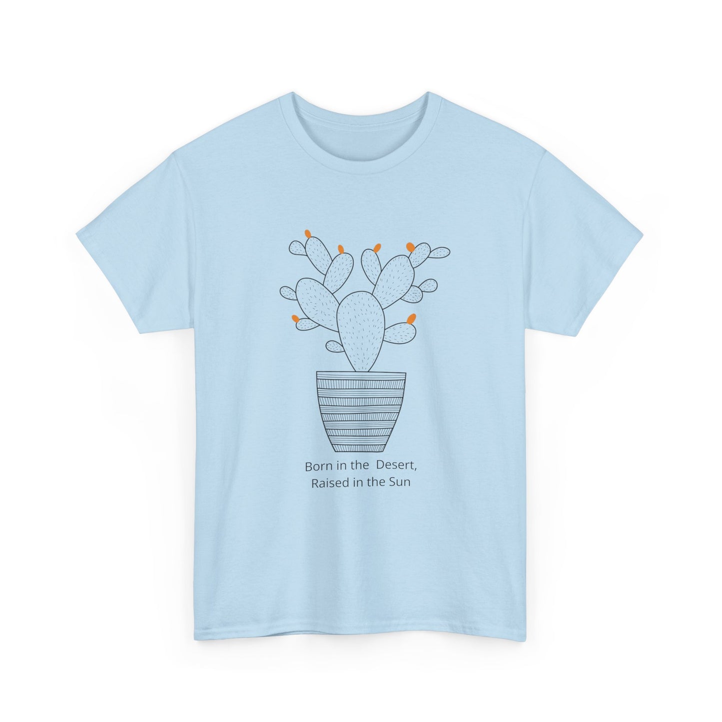 Modern Light Blue faith t-shirt, Cactus Pot line art, desert-inspired minimalist clothing.