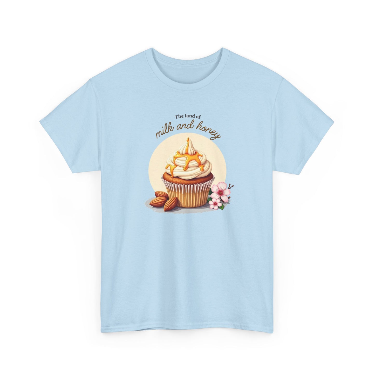 Modern Light Blue faith t-shirt, Milk and Honey Cupcake line art, sweet biblical inspiration design.