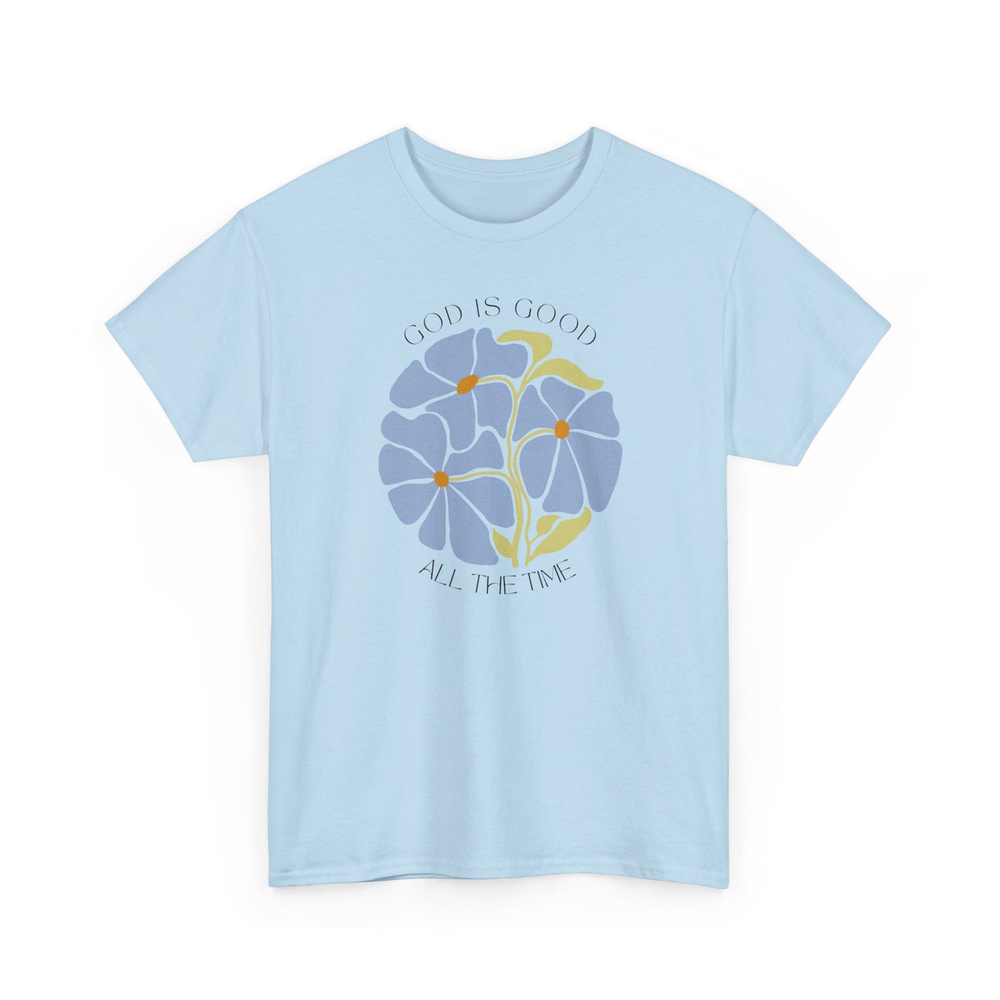 Modern Light Blue faith t-shirt featuring God is good floral art, scripture-inspired clothing.