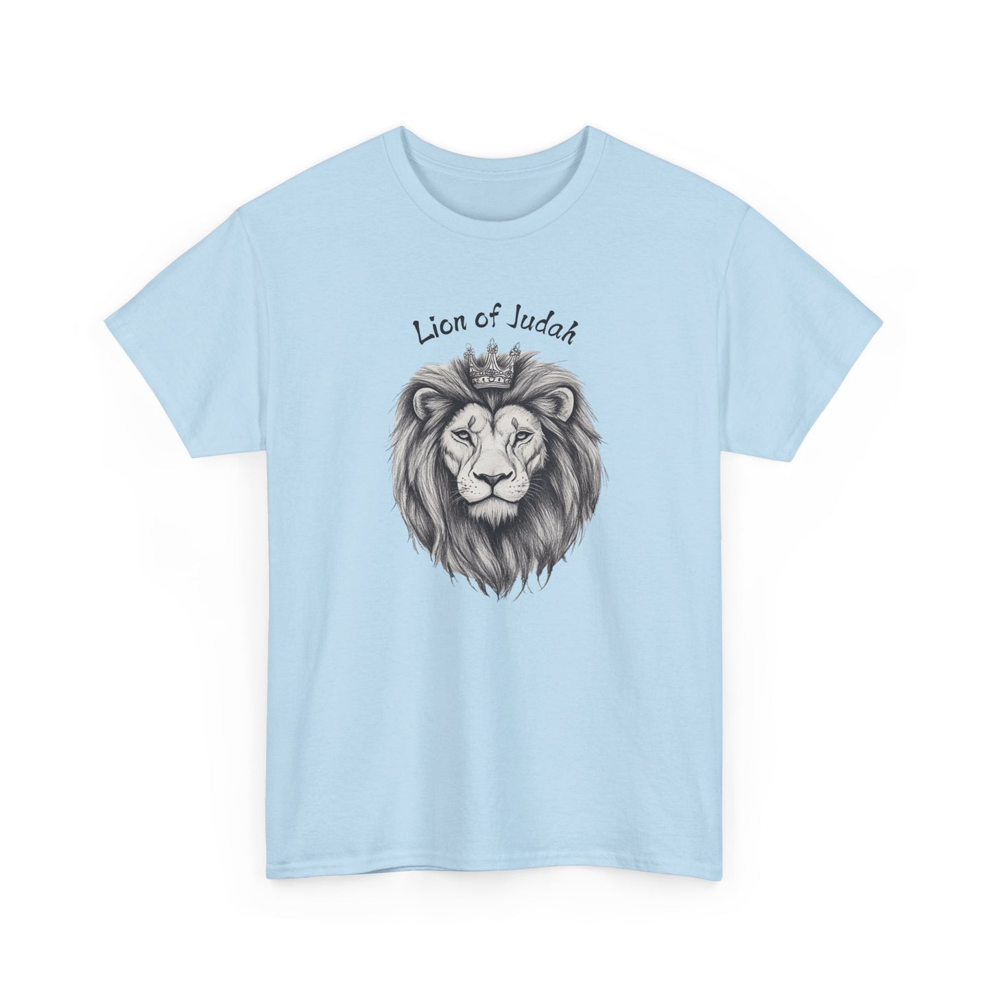 Modern Light Blue faith t-shirt featuring Lion of Judah line art, scripture-inspired clothing.