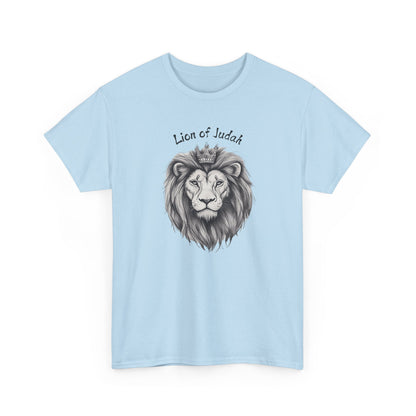 Modern Light Blue faith t-shirt featuring Lion of Judah line art, scripture-inspired clothing.