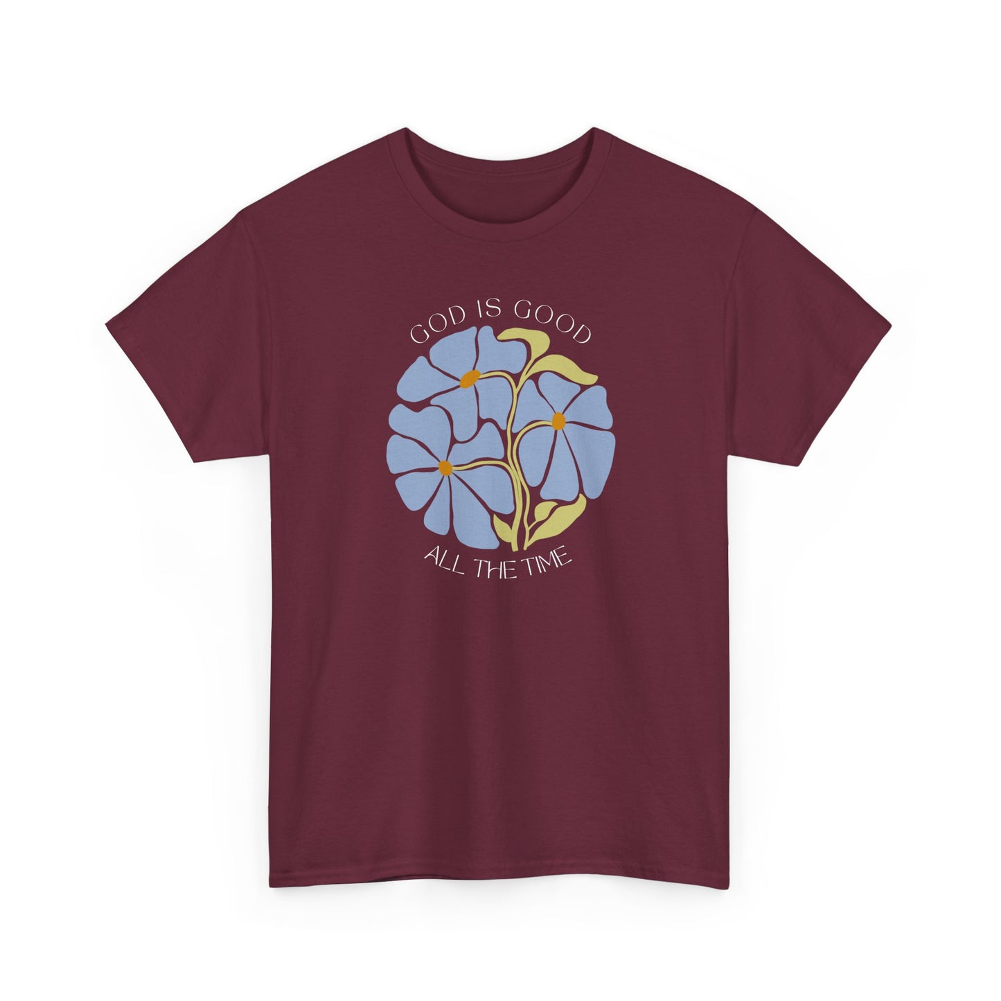 Modern Maroon Christian t-shirt featuring God is good blue floral art, faith-based gift.