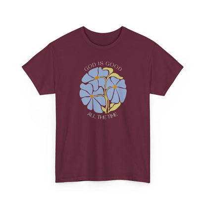 Modern Maroon Christian t-shirt featuring God is good blue floral art, faith-based gift.