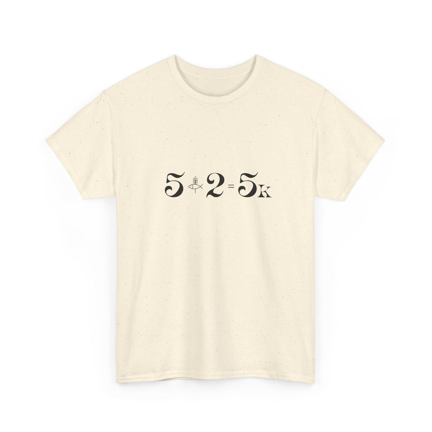 Natural color 5.2.5k miracle minimalist shirt, 5 loaves and 2 fish biblical illustration.