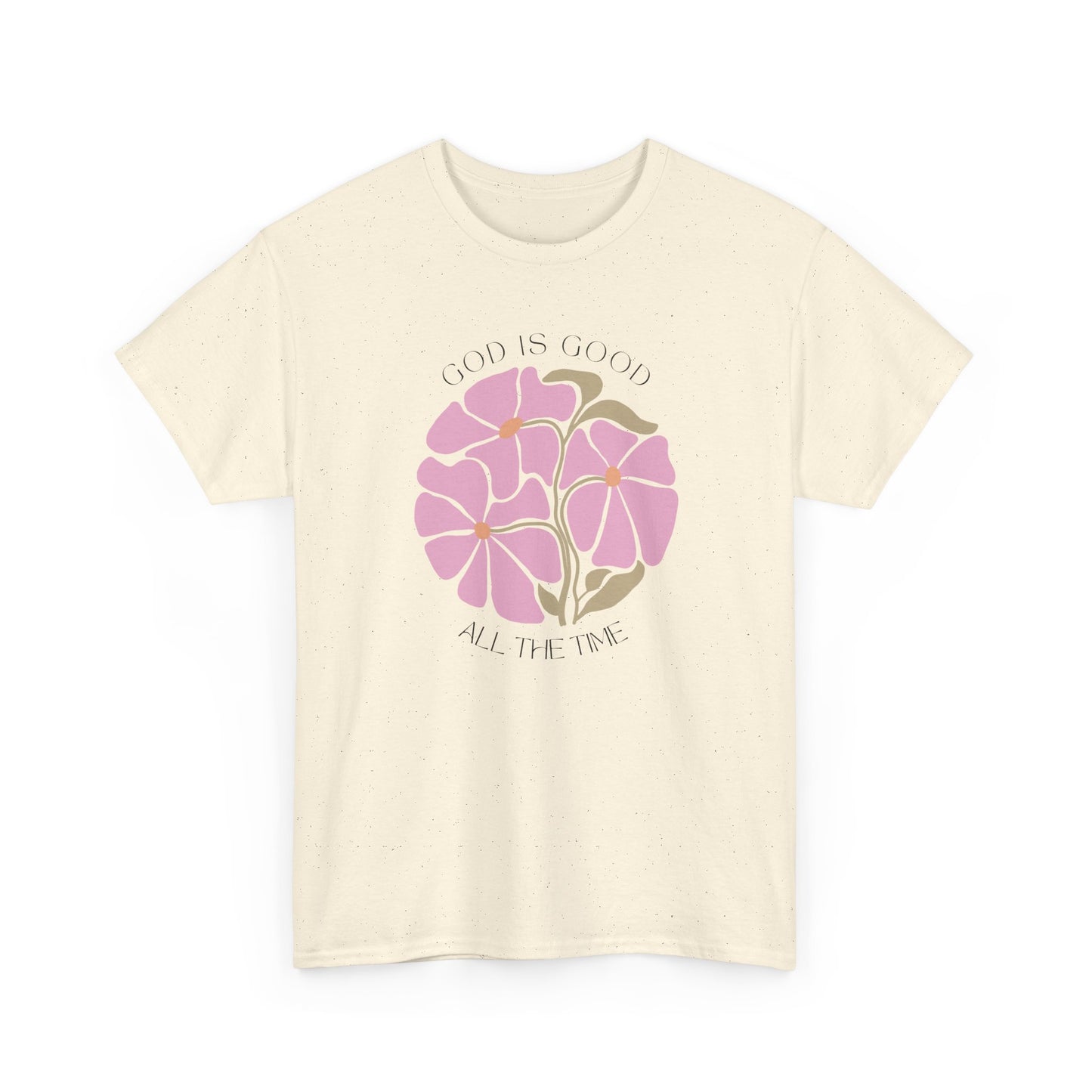 Natural color God is good minimalist shirt, beautiful pink botanical illustration by Nagilabo.