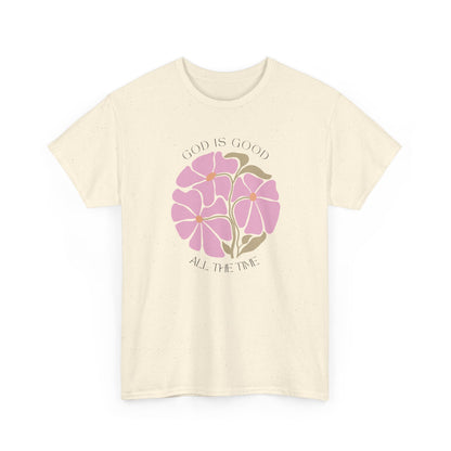 Natural color God is good minimalist shirt, beautiful pink botanical illustration by Nagilabo.