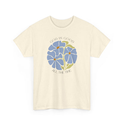 Natural color God is good minimalist shirt, modern blue botanical illustration by Nagilabo.