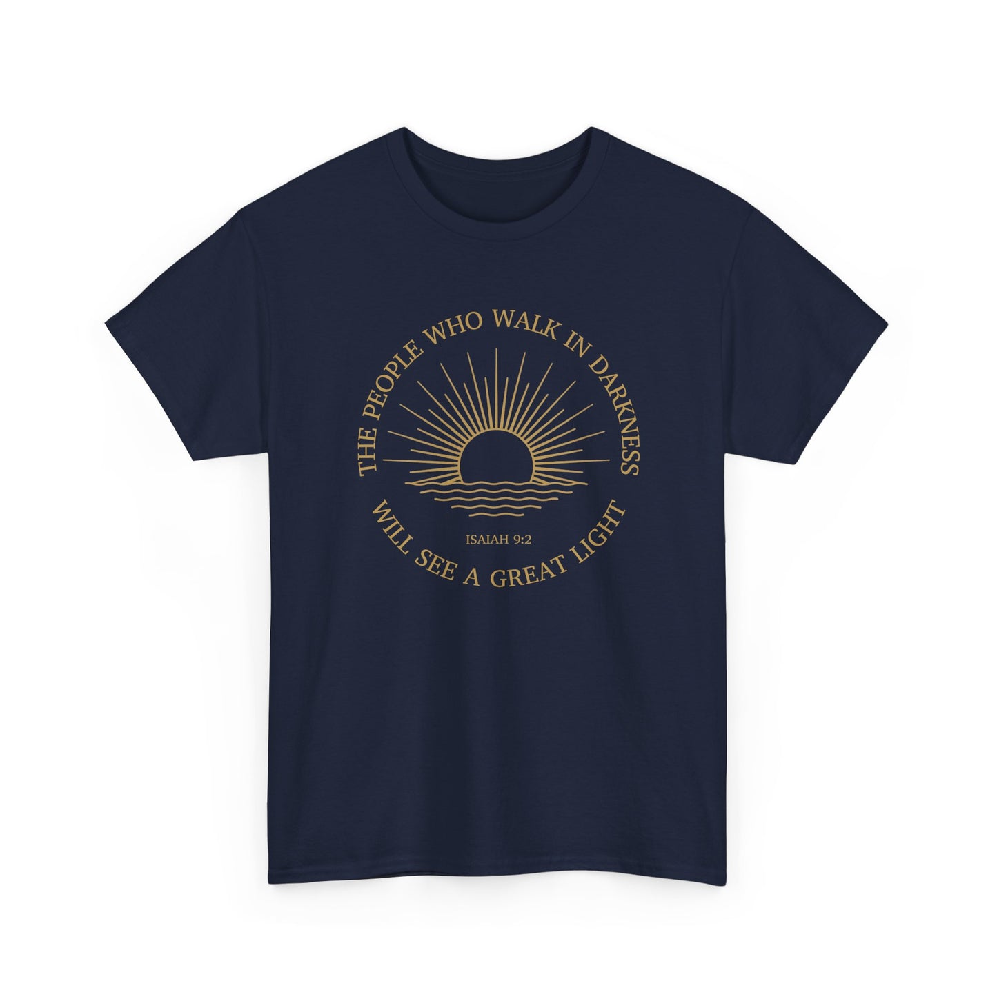 Navy blue Isaiah 9:2 Sunrise shirt, modern minimalist faith design, Nagilabo inspirational clothing.