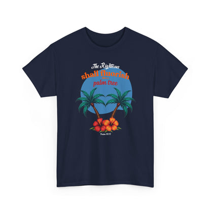 Navy blue palm tree minimalist tee, Psalm 92:12 biblical illustration, Nagilabo dark apparel.