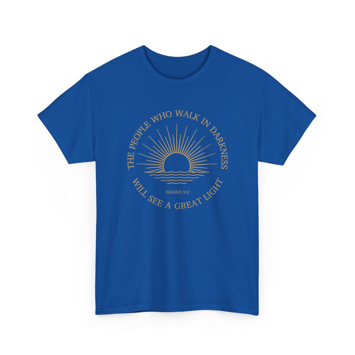 Royal blue Sunrise faith shirt, Isaiah 9:2 minimalist line art, premium Christian apparel.