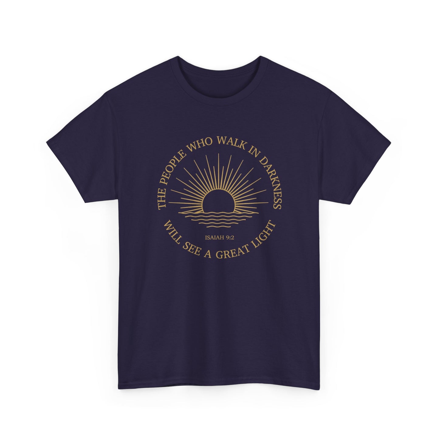 Unique Blackberry Sunrise faith-based tee, minimalist Isaiah 9:2 design, spiritual gift from Israel.