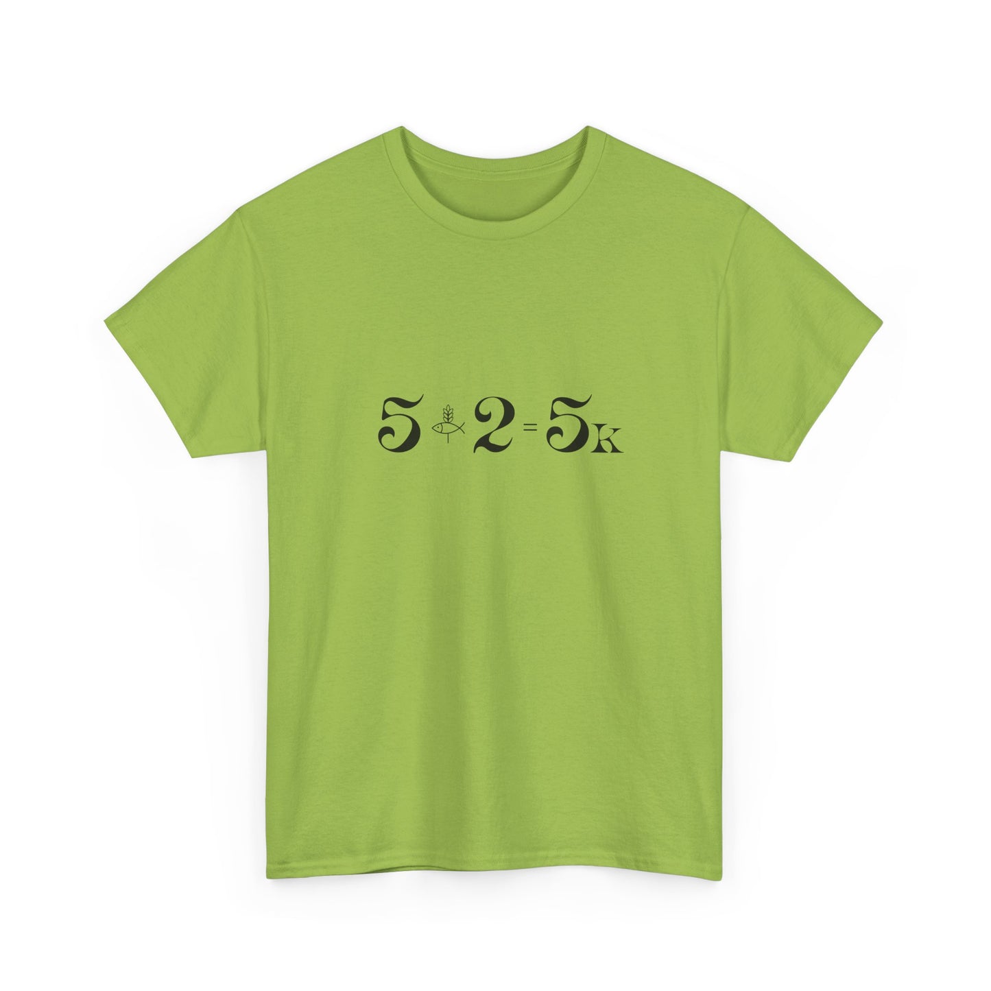 Minimalist 5+2=5K miracle equation typography on a kiwi green t-shirt representing Jesus feeding the five thousand