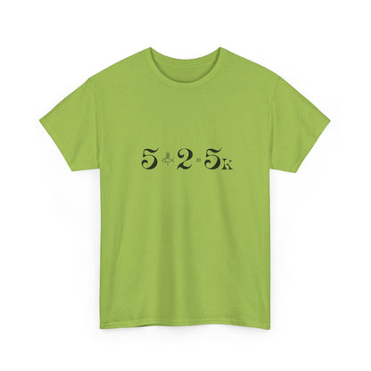 Minimalist 5+2=5K miracle equation typography on a kiwi green t-shirt representing Jesus feeding the five thousand