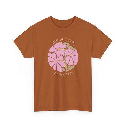 Unique Texas Orange faith shirt, God is good all the time pink floral design, modern Christian apparel.