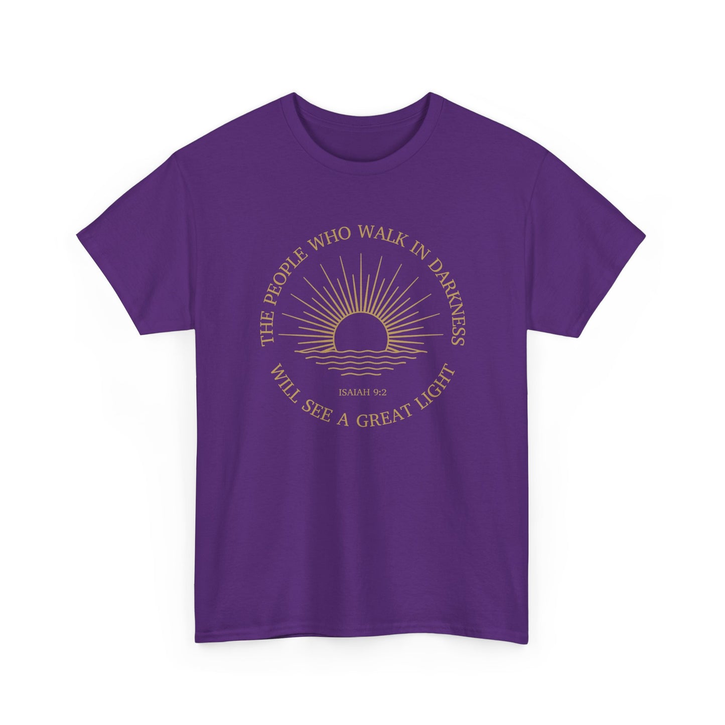 Vibrant Purple Sunrise minimalist tee, "A great light" biblical design, inspirational gift for believers.