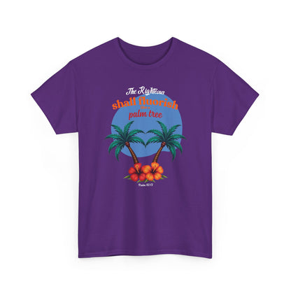 Vibrant Purple palm tree minimalist tee, Psalm 92:12 righteous shall flourish, faith graphic apparel.